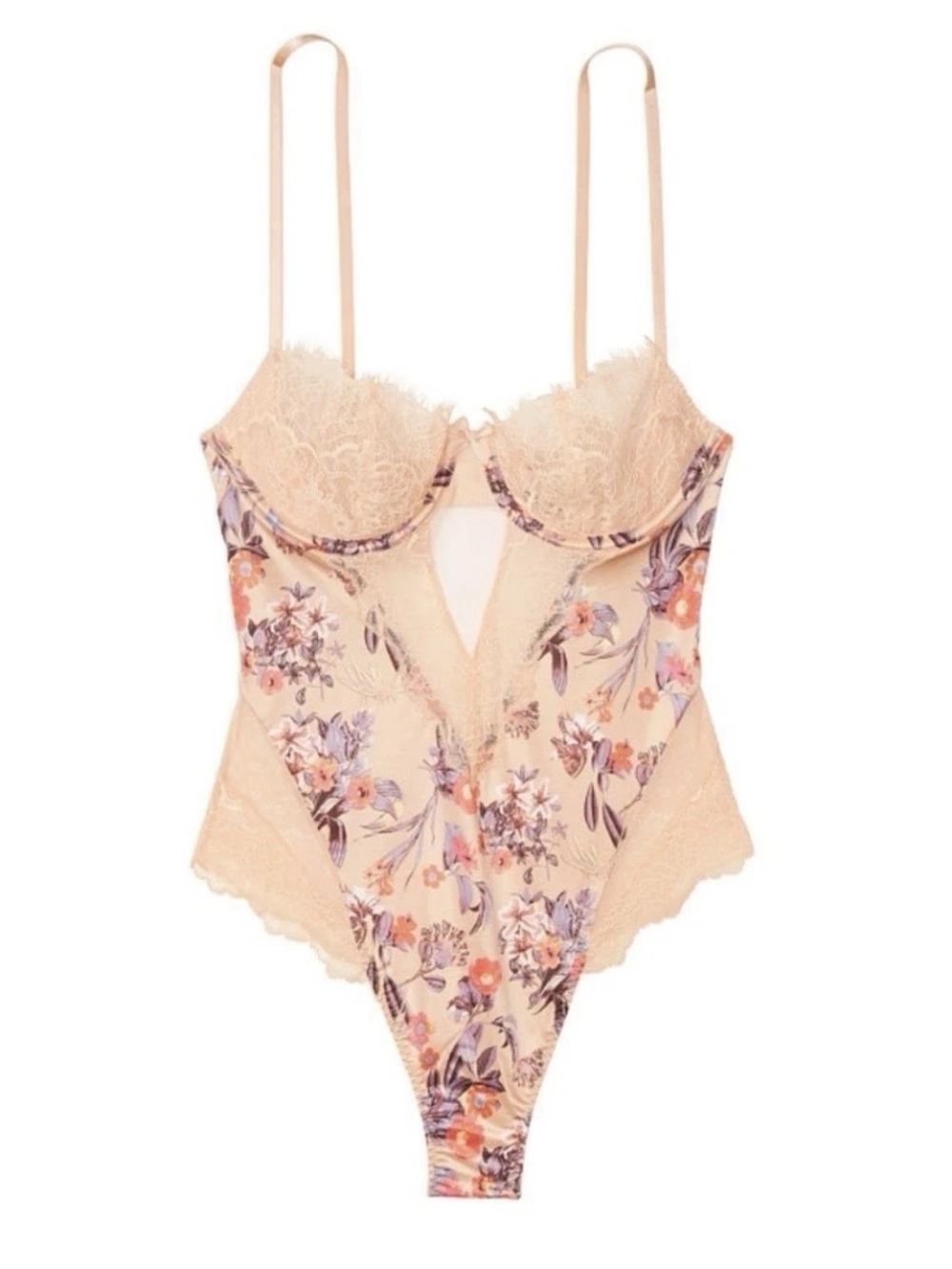 Victoria Secret - Sheer Lace Floral Bodysuit in Blush Pink